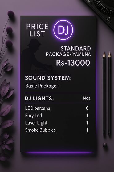 DJ price list for standard package with sound system and DJ lights.