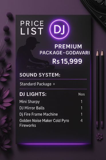 DJ premium package price list with sound system details.