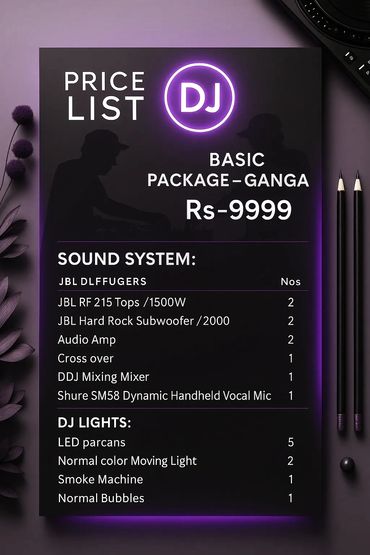 DJ price list for basic package with sound system and lights.