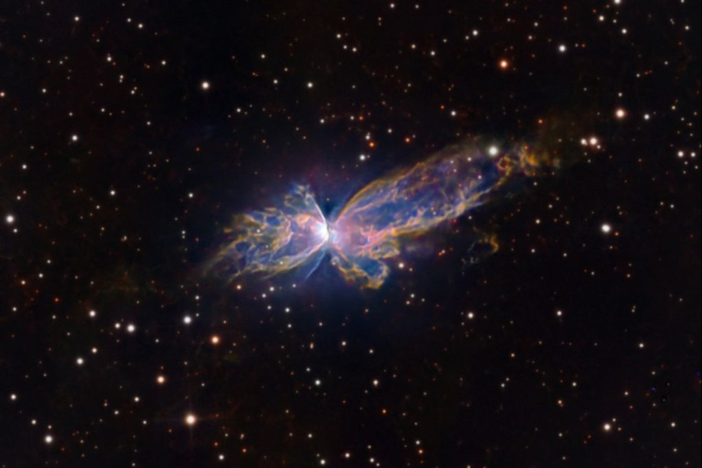 alt="NGC 6302, the Butterfly Nebula, a bi-polar planetary nebula captured from Cohuna, Australia"