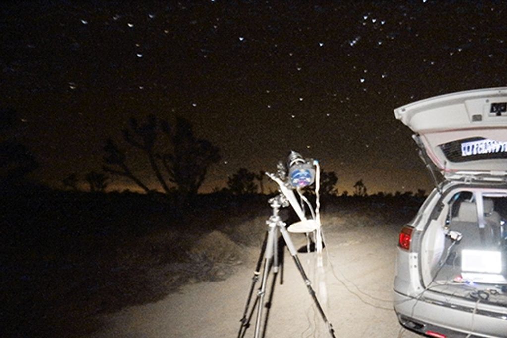 One of my portable setups, an AstroTrac, a tripod,my QSI583wsg and a Pentax 67 medium format lens