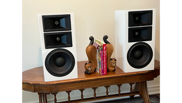 Two white speakers and wooden cat bookends on a wooden table.