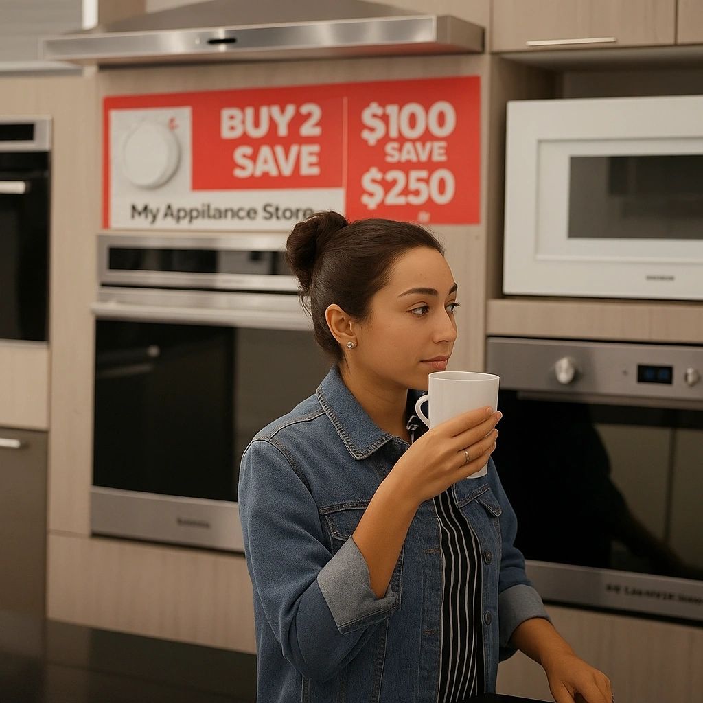 Woman drinking coffee in a modern kitchen with appliance sale sign.
appliance store toronto