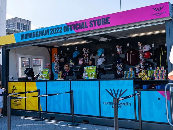 A pop up merchandise container for a sporting event in a city centre