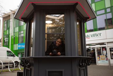 A modular bespoke kiosk designed to be easily moved.
