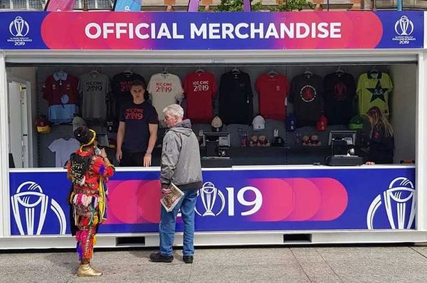 A pop up retail merchandise container at a sporting event