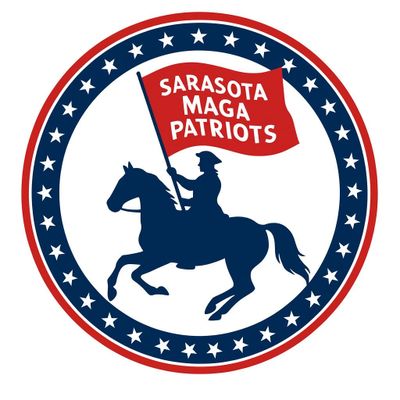 Silhouette of a rider on horseback holding a flag with the text 'Sarasota MAGA Patriots'.