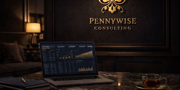 Elegant office with Pennywise Consulting logo, laptop showing cash flow charts, and a cup of tea.