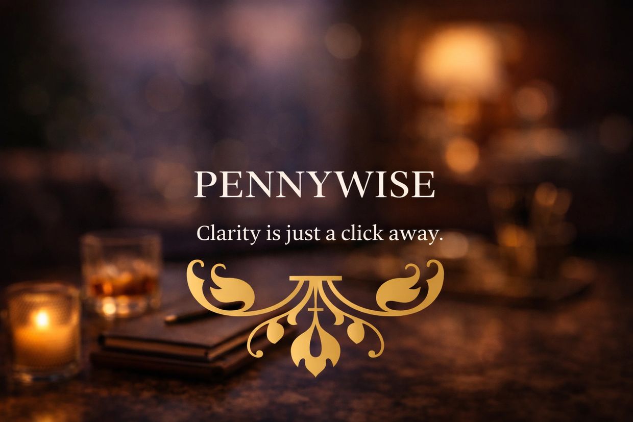PENNYWISE logo with tagline: Clarity is just a click away, on a warm, blurred background.