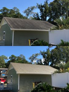 Two images showing a green garage roof before and after cleaning or replacement.