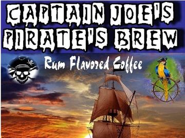 Pirate-themed rum-flavored coffee by Key Largo Coffee Roasters with a sunset ship scene.