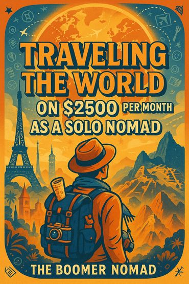 Vintage-style poster promoting solo travel around the world for $2500 per month.