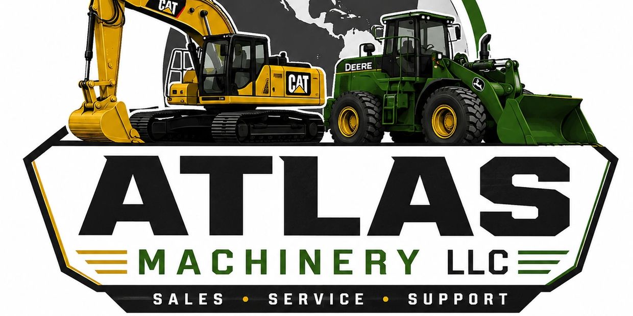 Logo of Atlas Machinery LLC with construction equipment and service highlights.