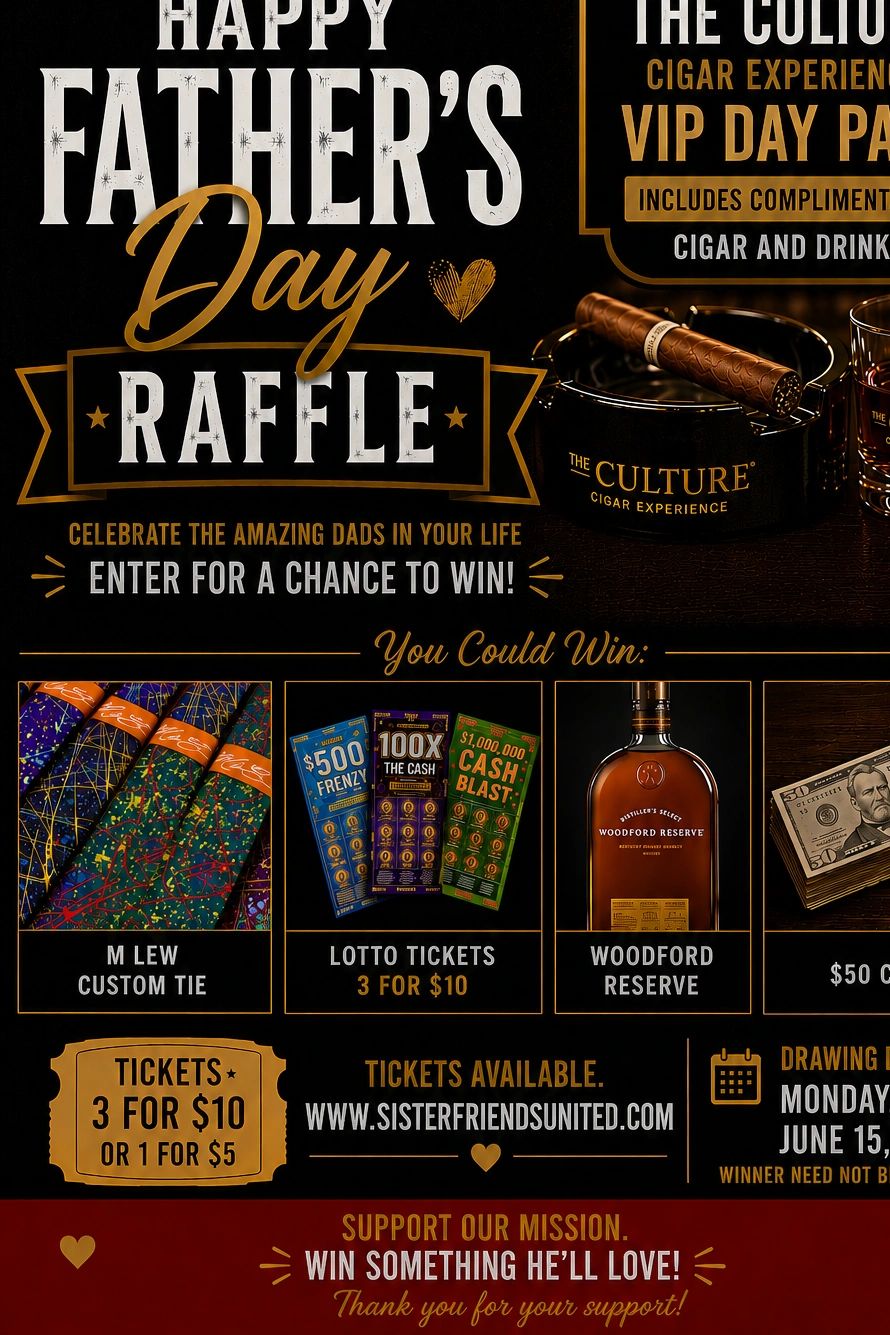 Father's Day raffle with prizes like custom ties, lotto tickets, and Woodford Reserve whiskey.