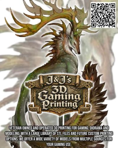 Fantasy dragon with antlers and 3D gaming printing advertisement.
