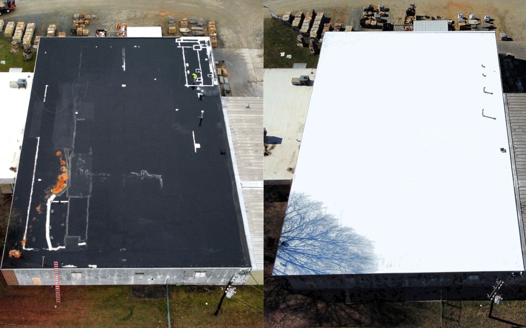Flat roof restoration and coatings in Charlotte North Carolina before and after. EPDM