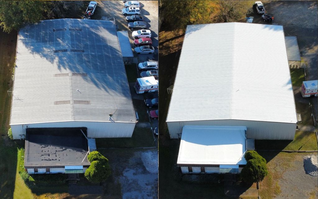 Pee Dee EMS metal roof restoration and coatings in Florence South Carolina before and after.