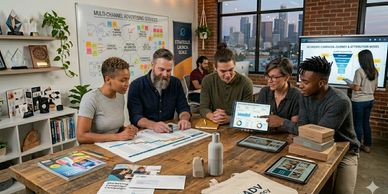 Team collaborating on a project in an office setting.
