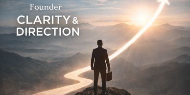 Businessman stands on a mountain peak with a glowing upward arrow path symbolizing clarity and direction.