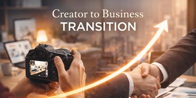 Camera capturing business handshake symbolizing creator to business transition.