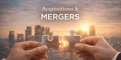 Hands joining puzzle pieces symbolizing mergers and acquisitions against a city sunset.