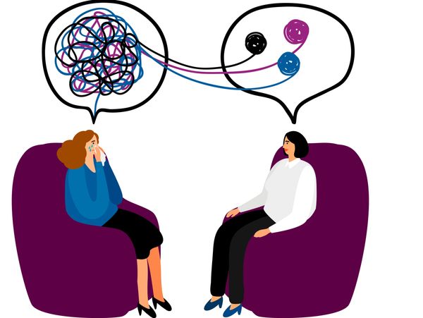 A cartoon image of a therapy session: the therapist is untangling the client's mixed-up thoughts