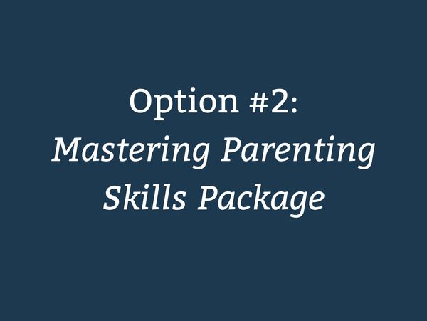Text slide titled 'Option #2: Mastering Parenting Skills Package' on a dark blue background.