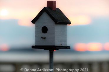 Birdhouse in front of a sunset