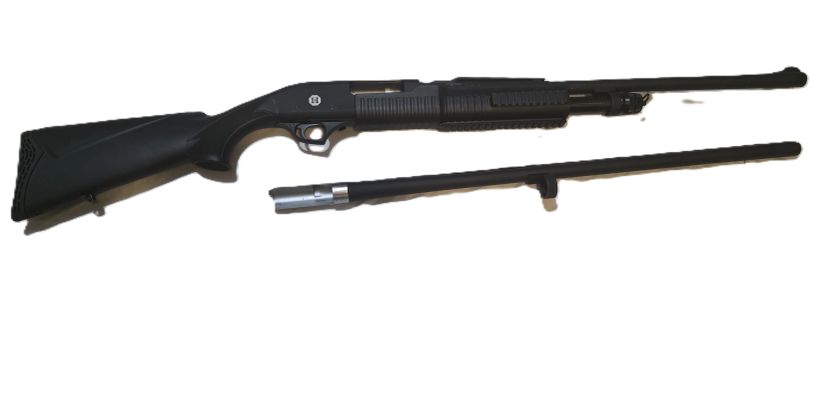 Black shotgun with an extra barrel separated below it.