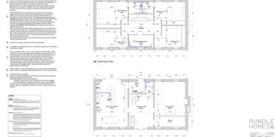 Architectural floor plans for a two-story home with detailed layout and notes.