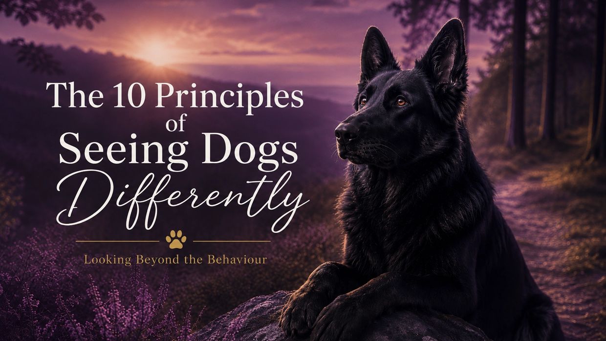 Zeus-inspired black German Shepherd in calm woodland, representing the principles of Seeing Dogs Dif