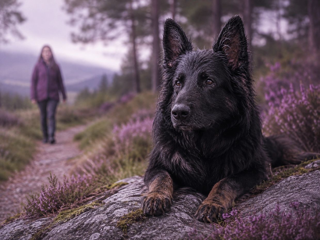 ge alt:
Black German Shepherd calmly observed in a natural environment, representing thoughtful whol