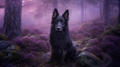 Zeus-inspired black German Shepherd sat in a woodland horizon