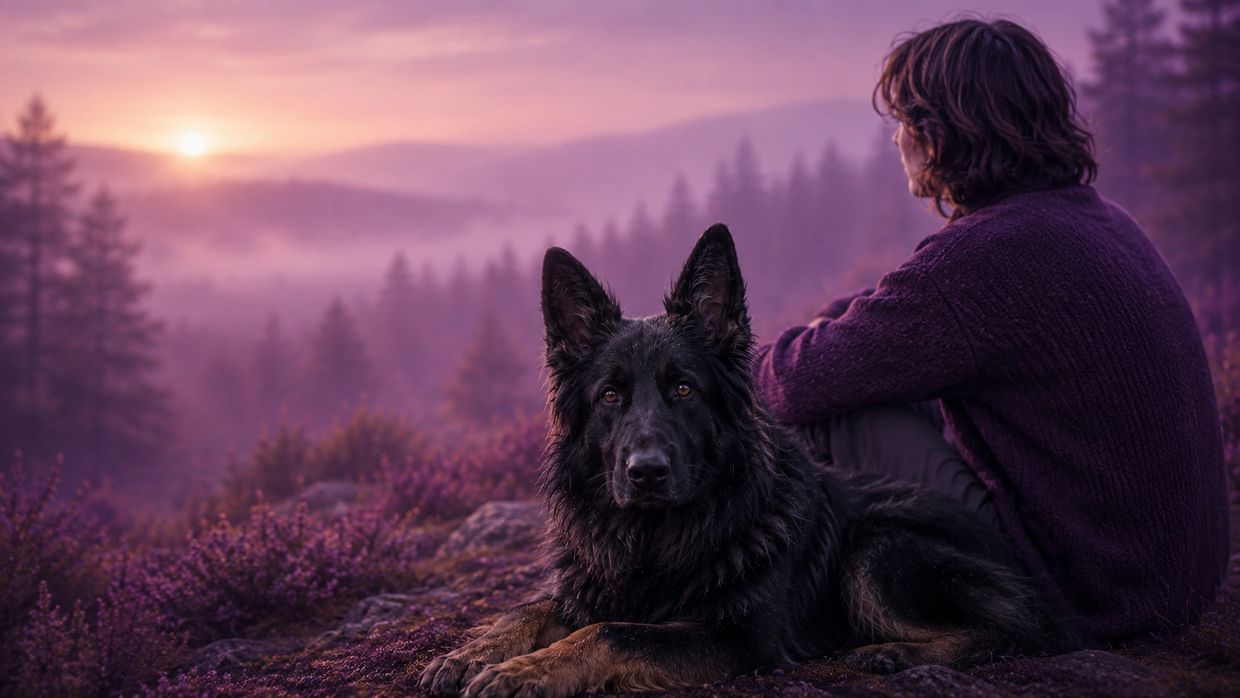 Person quietly observing a black German Shepherd in woodland, representing reflection on the human s
