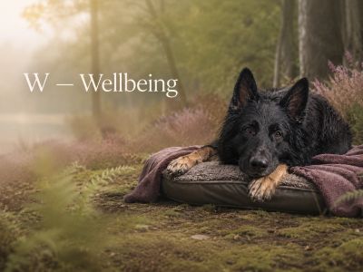 black German Shepherd leaning on a log