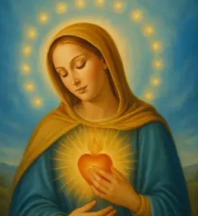 A serene depiction of the Virgin Mary with a glowing heart and halo.