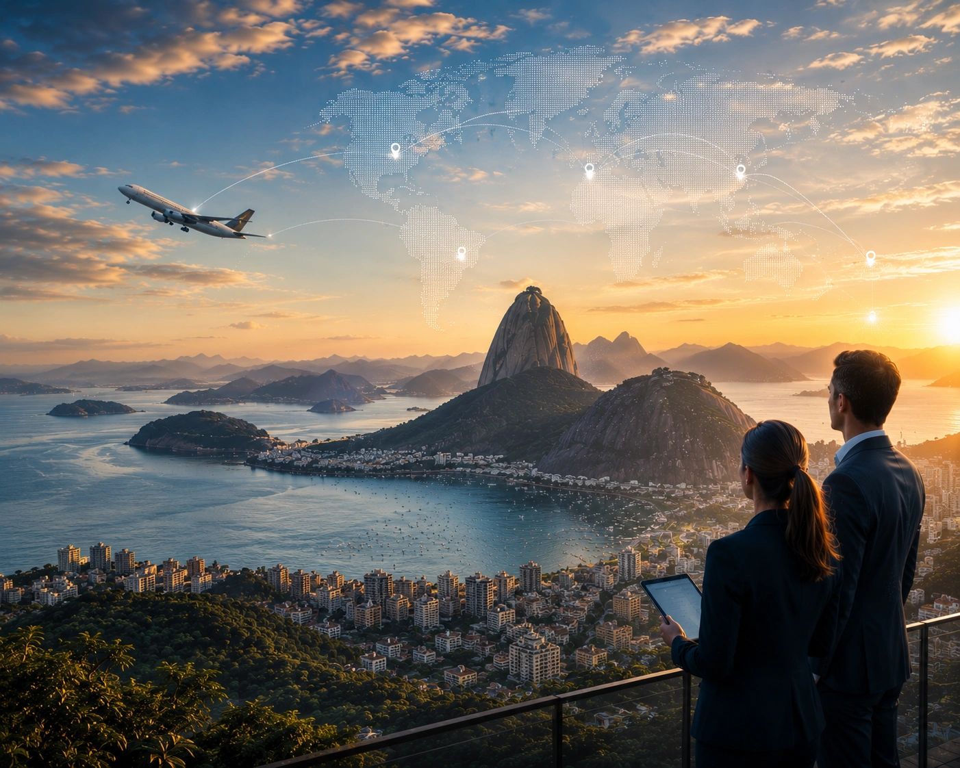 Business professionals overlooking a coastal city with global flight routes at sunset.
