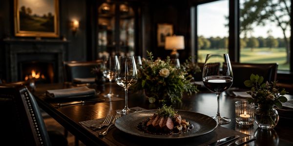 Elegant dining table with steak and wine in cozy room.