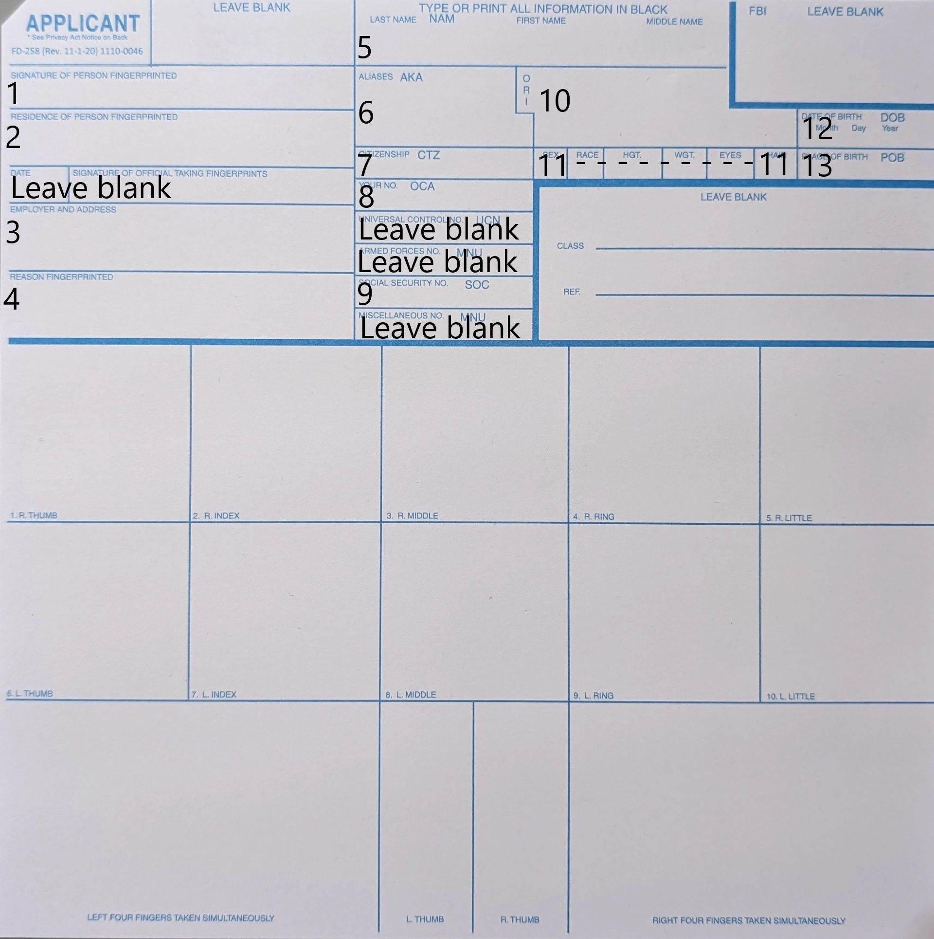 FD-258 card instructions