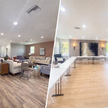 Two stylish and modern interior rooms with wood flooring.