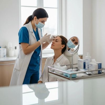 A healthcare professional administering a facial injection to a patient in a clinic.