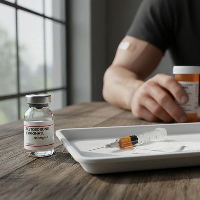 Vial of testosterone cypionate with syringe and person holding medication bottle.