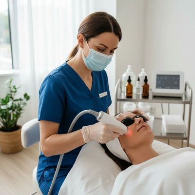 A medical professional performs a laser facial treatment on a patient wearing protective goggles.