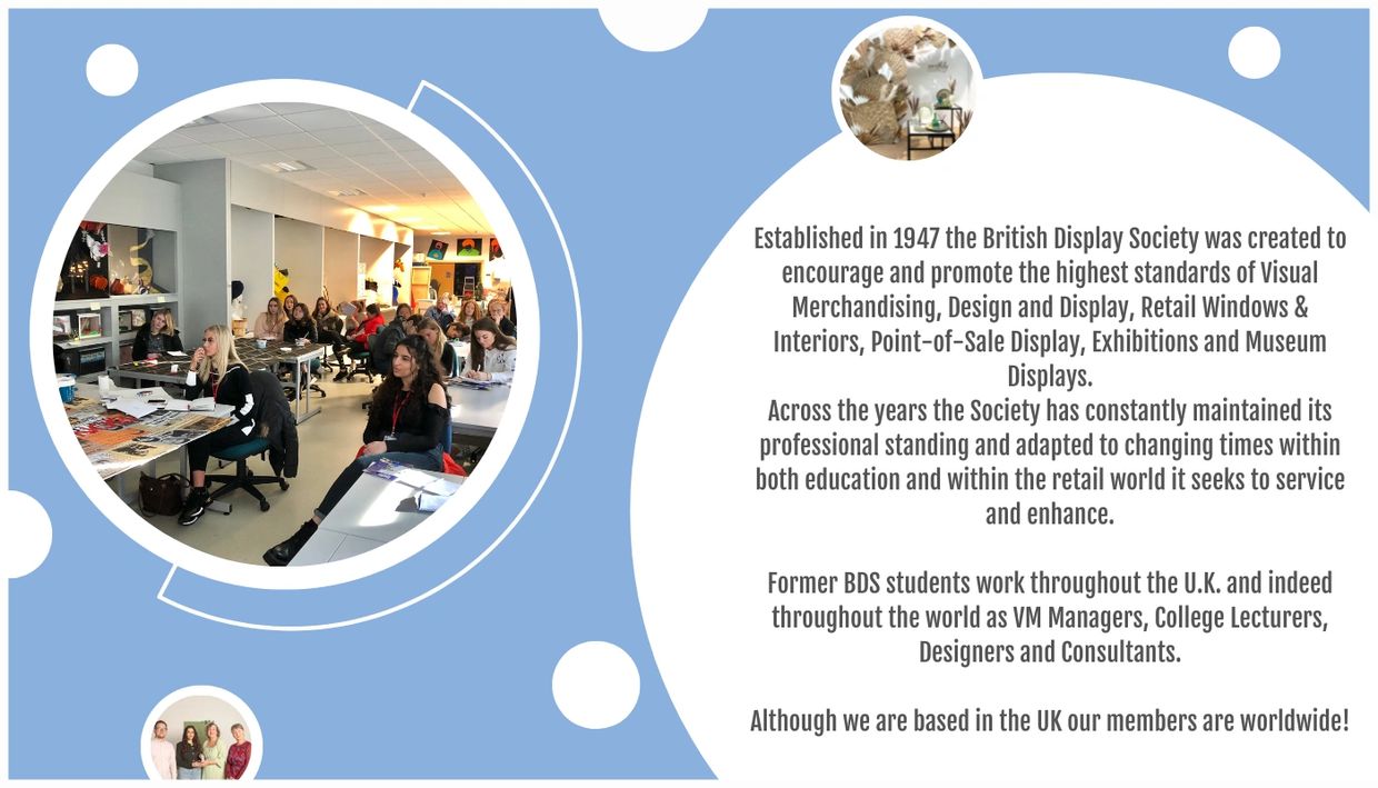 Blue background with white dots and featured images, explaining the "About Us" section of the BDS.