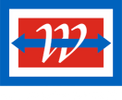 A stylized white letter 'W' with blue arrows on a red background inside a blue and white frame.