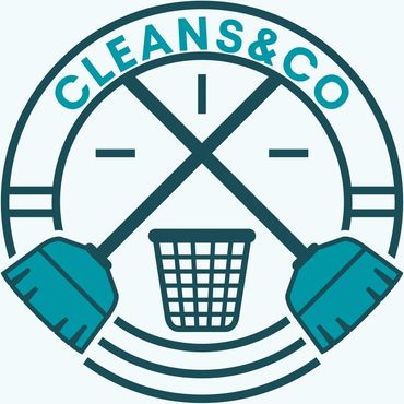 Logo of Clean & Co with brooms and trash bin in teal.