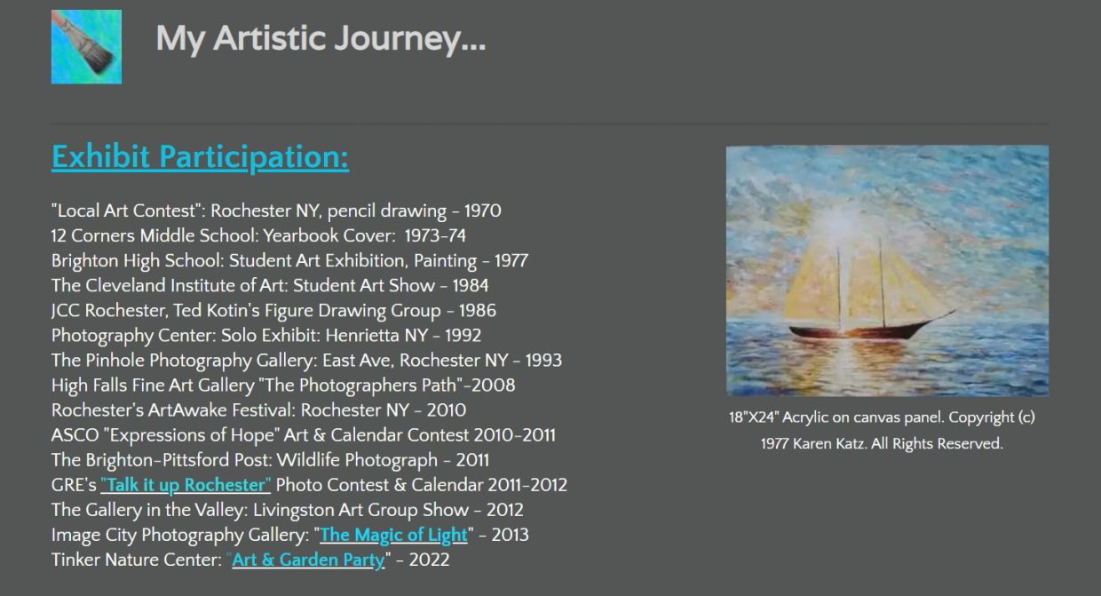 Exhibit participation list and painting by Karen Katz from 1977 art show.