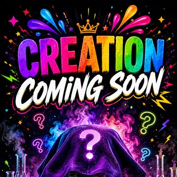 Colorful "Creation Coming Soon" text with question marks and mysterious covered figure.