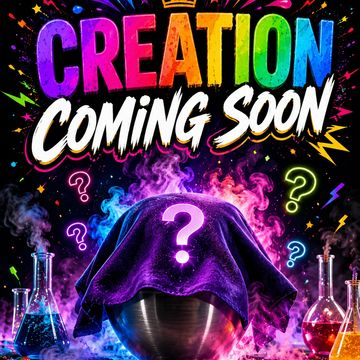 Colorful "Creation Coming Soon" text with question marks and mysterious covered figure.