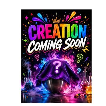Vibrant 'Creation Coming Soon' text with colorful question marks and smoky lab flasks.